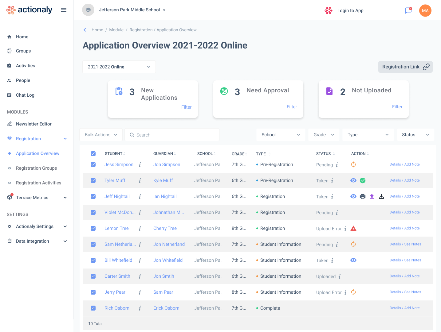 School registration platform screenshot